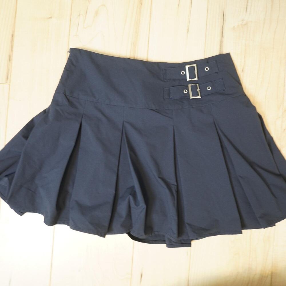Women's Navy Pleated Mini Skirt with Buckle Detail